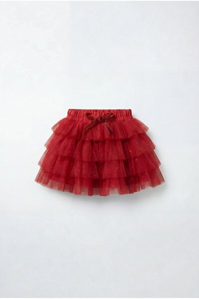 Magu Girl's Cotton Layer Red Bowknot Glittery Layer Skirt