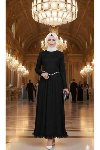 AKBAŞ piliseli fırfırlı beli taş detaylı saten abiye