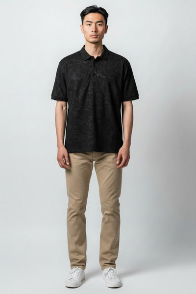 KAMER Men's Modern Fit Shirt Collar Patterned Black T-Shirt 5064S