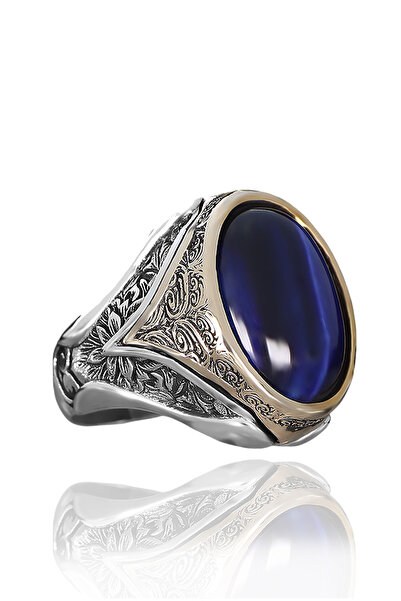 Mirari Jewelry Mavi Kaplangözü Taşlı Erkek Yüzük Gold Detaylı | Premium 0,40 ...