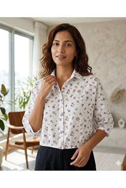 EGELİMODA Mor Floral Print White Linen Crop Shirt