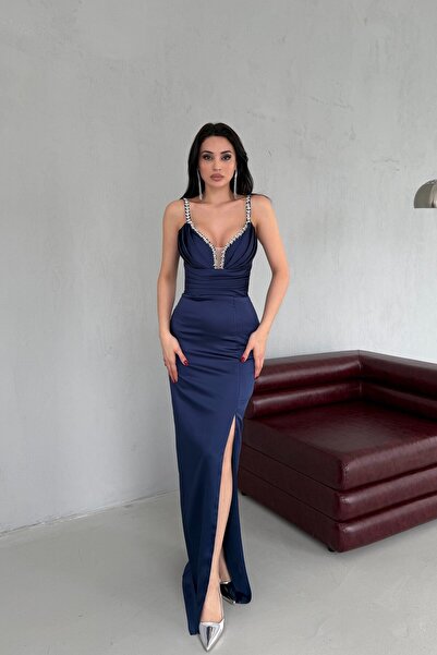 Serica Moda Rochie de seară Y cu fantă cu bretele brodate cu pietre bleumarin