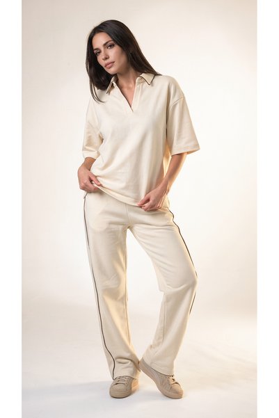 Amia&Co. Cream Oversized Women's Tracksuit Polo Neck T-Shirt - Tracksuit Bottom and Top Set