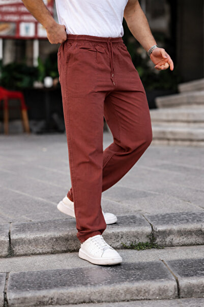 COMBİNE MİCHAİL Muške letnje Lan pantalone u boji cigle, opuštenog kroja