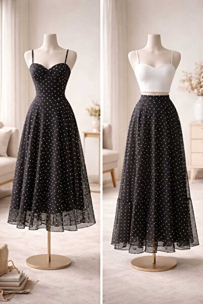 EDABASKI Siyah Zemin Beyaz Puan Desen%100 polyester likralı tül kumaş Elbise ...