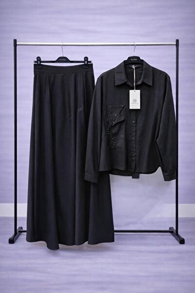 Ceremony Siyah Taş Detaylı Gömlek Etek İkili Takım