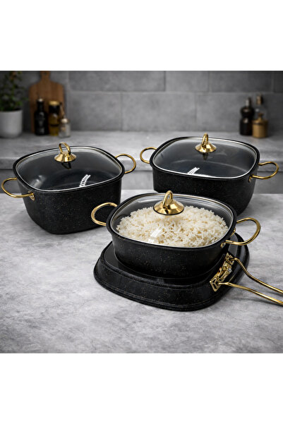 Rivorn Armoni Gold Cast Granite 7 Piece Square Cookware Set – Fireproof Non-S...