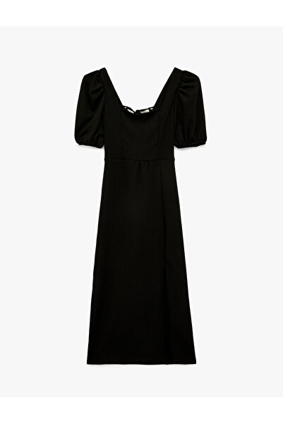 Koton Balloon Sleeve Square Neck Slim Fit Wrinkled Bodycon Midi Dress