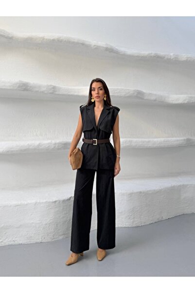 cemo Belt Detail Sleeveless Vest Pants Set