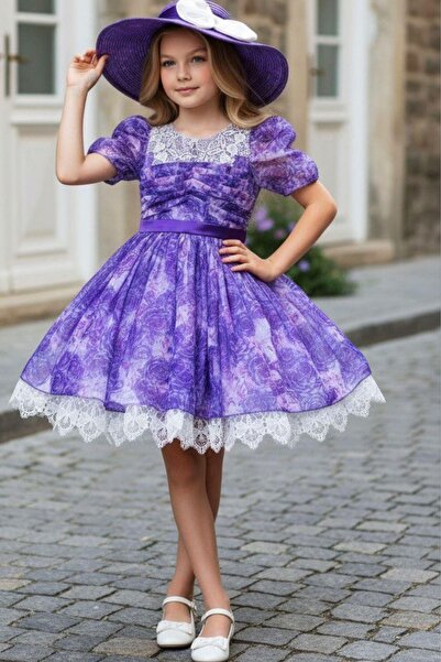 Riccotarz Μωβ βραδινό φόρεμα για κορίτσια με μανίκια μπαλόνια, λουλούδια και ...