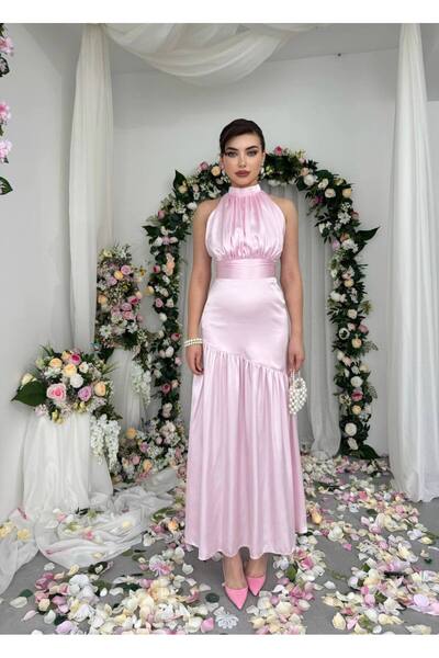 ETİKAFASHION Drapeli Saten Uzun Elbise