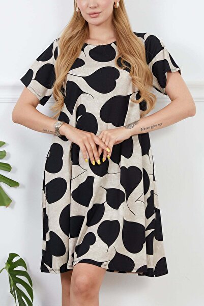 zenne Viscose Patterned Pocketed Short Sleeve Dress Beige