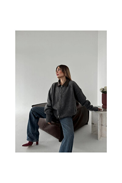 Narnuga Leather Collar Cotton Textured Double-Sided Zipper Jacket - Smoked -