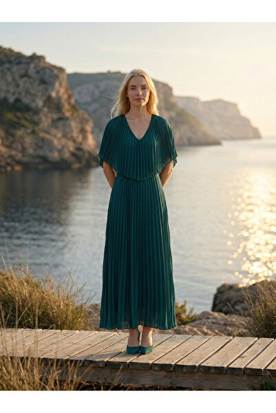 Romina SOLENA Uzun Pileli Şifon V Yaka Pelerin Detaylı Davet Abiye Elbise