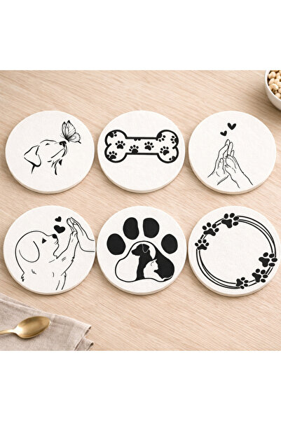 kids town 6’lı MDF Bardak Altlığı Seti–Siyah Beyaz Köpek Desenli UV Baskılı D...