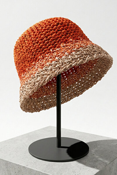 Mollycrush Women's Orange Straw Hand-Knitted Bucket |   Summer Bucket Hat