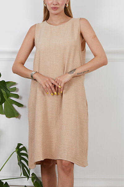 zenne Linen look zero sleeve bell dress beige