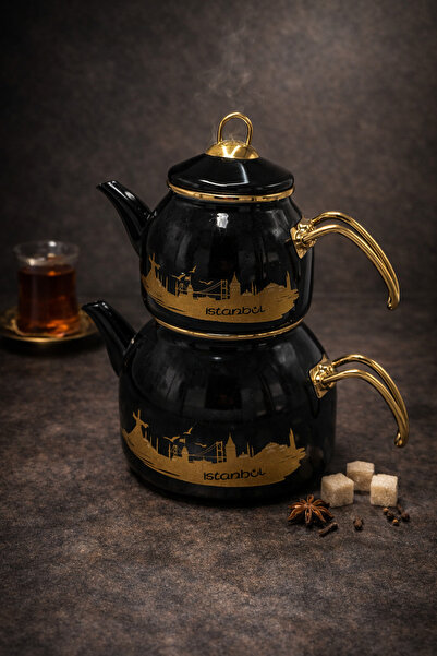 Rivorn طقم إبريق شاي ذهبي مطلي بالمينا من اسطنبول كونسبتلي – طقم إبريق شاي مز...