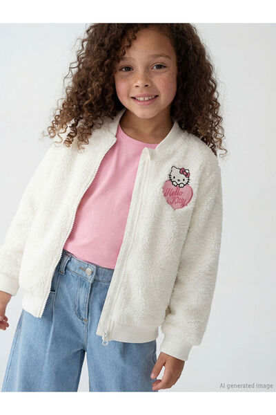 LC Waikiki White Embroidered Girls' Zippered Sweatshirt