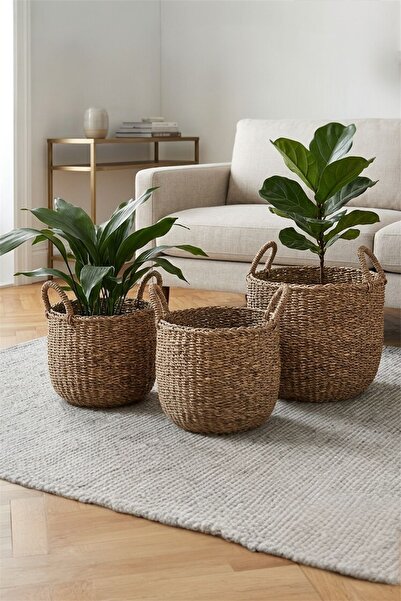 Bayev 3'Lü Kulplu Büyük Örgü Hasır Saksılık Set -Doğal Hasır Saksı Dekoratif ...