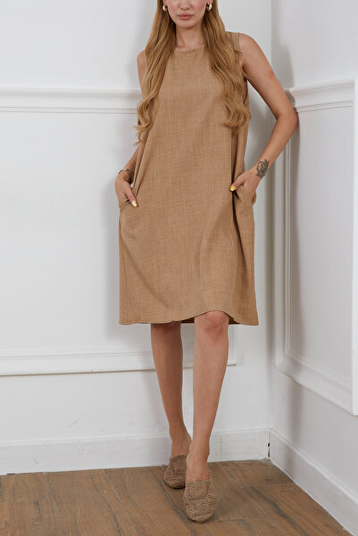 zenne Linen Look Zero Sleeve Bell Dress Milk Coffee