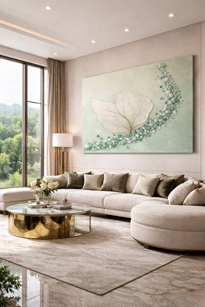 My canvas Premium Seri — Zümrüt Doğa Yaprak Rölyef Kanvas Tablo Lüks Duvar De...