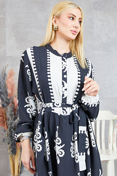 zenne Buttoned front ethnic pattern dress black