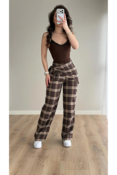 RosePearl Kadın Fular Detayı Ekose Pantolon