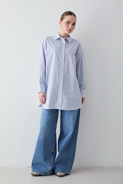 Melike Tatar Çizgili Taşlı Poplin Gömlek 22-5466-1