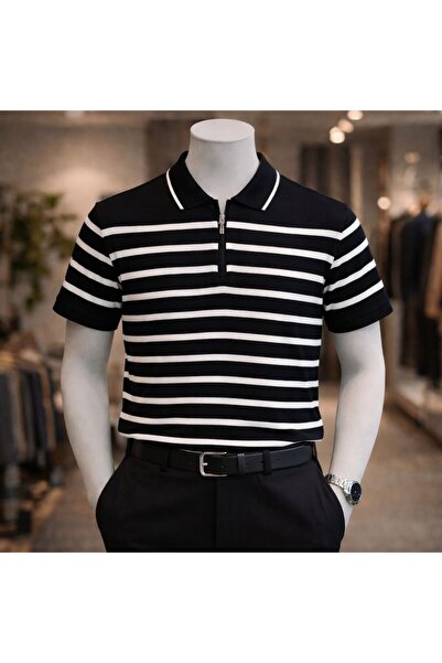 Lufian Erkek Yazlık Kısa Kollu Yarım Fermuarlı Çizgili Triko Tişört