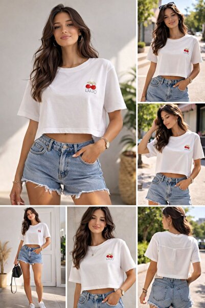 GK GAMZELİRENKLERİM LUXURY FASHION&ACCESSORIES Cherry Strap White Crop Combed...