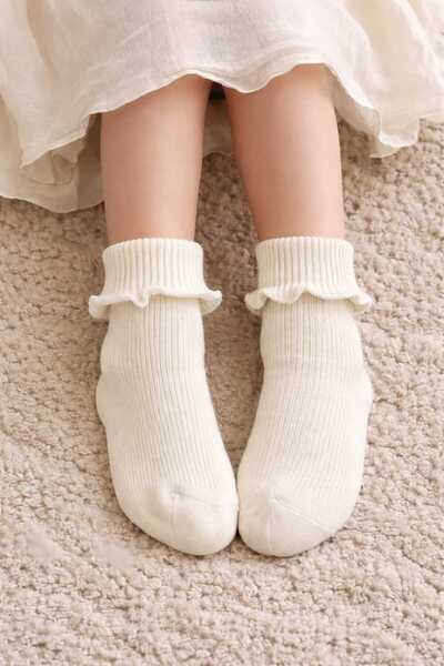 Moonrise Socks Çocuk Soket Çorap Fırfırlı 3 Çift (2 çift Ekru + 1 çift Bej me...