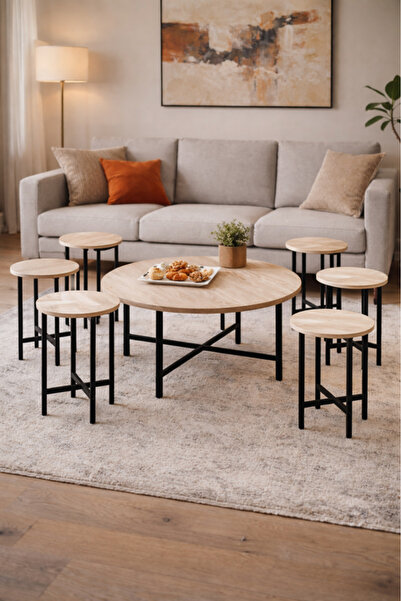 MARIA HOMES 7-Piece Round Coffee Table Set Light Wood Top Black Metal Legs Mo...