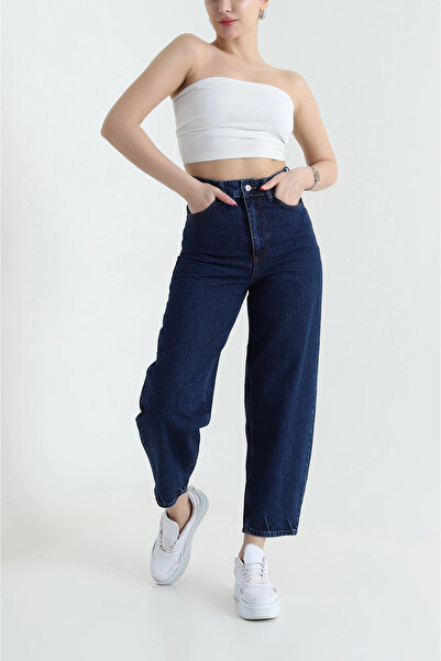 vuvutasarım New Season High Waist Wide Cut Navy Blue Balloon Women's Jeans 43...