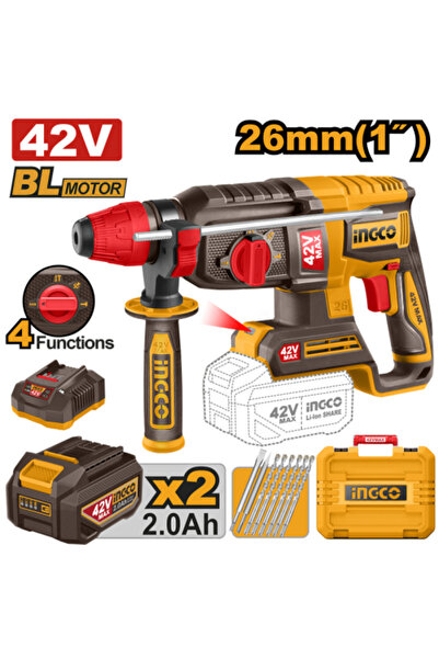 Ingco Cordless rotary hammer 42V - 26mm with 3 drill bits, 1 chisel, 2*2.0Ah ...