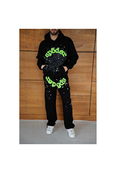 Narnuga Hooded Tracksuit Set Spider Web and Neon Green Printed Oversize Comfo...