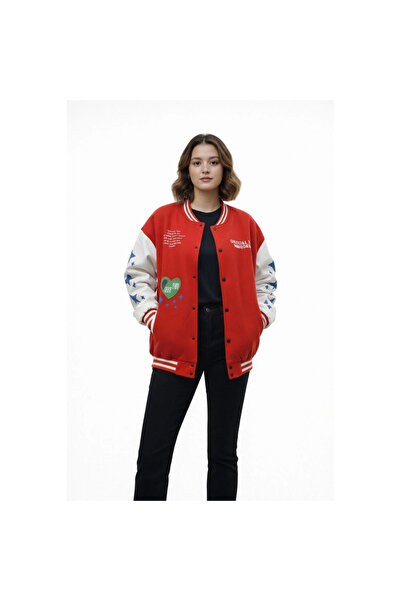 Narnuga سترة جامعية حمراء من نوع مطبوع قصة فضفاضة - حمراء