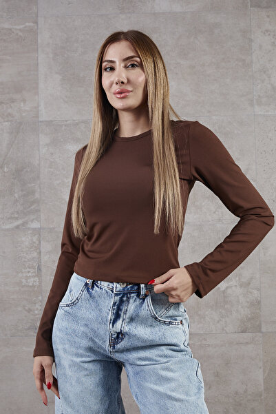 zenne Crew Neck Long Sleeve Finger Detail Basic Bodysuit Brown