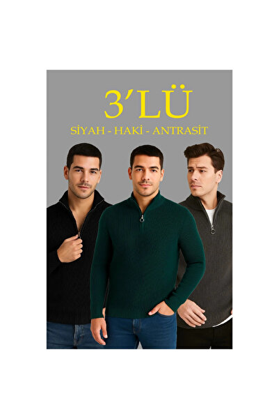 Narnuga Ribbed Knitwear Sweater Set of 3 – Khaki, Black, Anthracite Thick Wov...