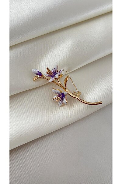 Goche Kadın Gold Kaplama Mor Mine İşlemeli Zambak Çiçekli Broş - Lüks Ceket Y...