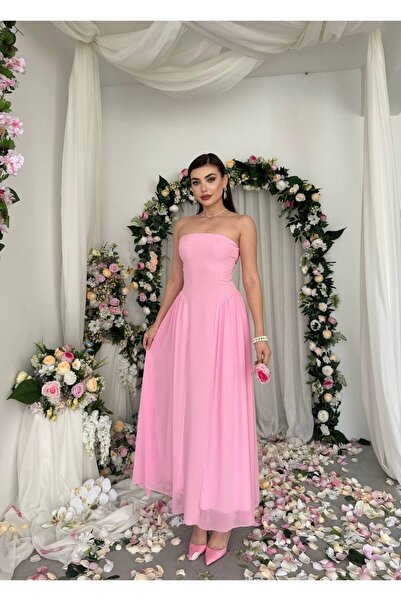 ETİKAFASHION Straplez Şifon Etek Uzun Abiye Elbise