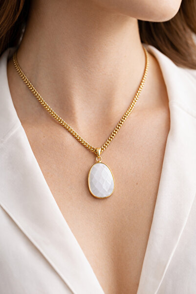 Morlisse Natural Moonstone Pendant, Minimal White Stone Pendant with Gold-Col...