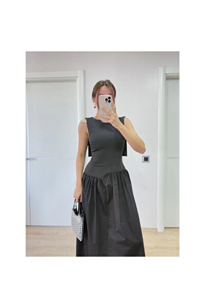 Narnuga Crepe Backed Wing Back Front Pleated Detailed Long Dress - Black -