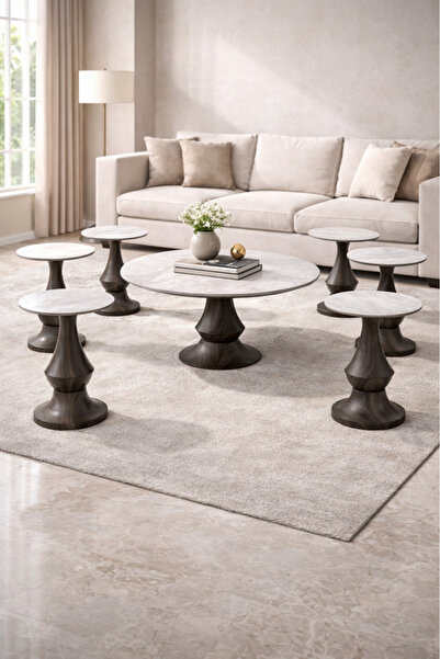 MARIA HOMES Luxury Ceramic Coffee Table Set 1+6 – Marble Top with Sculpted Wo...