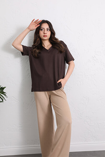zenne Basic V-Neck T-Shirt Brown - 11340