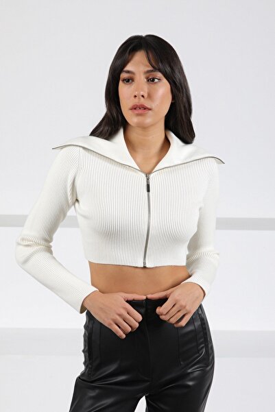 Ferraro Ecru cu fermoar viscoză material reiat crop Cardigan tricotat pentru ...
