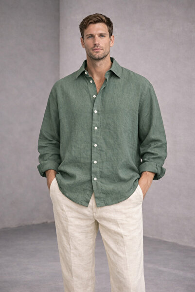 çerme Ανδρικό πουκάμισο χακί oversized κομψών γραμμών Λινό