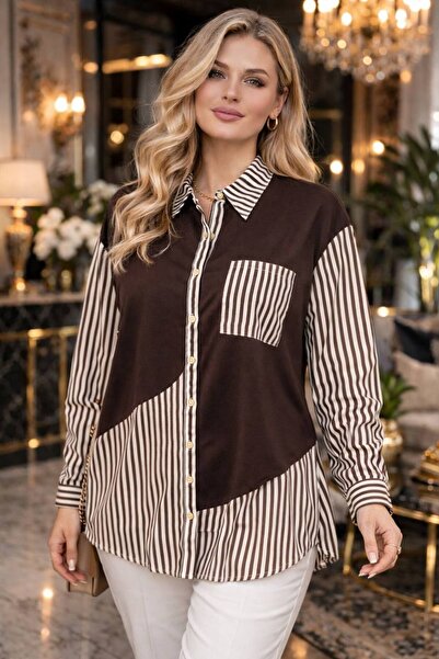 TUSSE Women's Elegant Polo Neck Striped Pattern Patchwork Embroidered Large S...