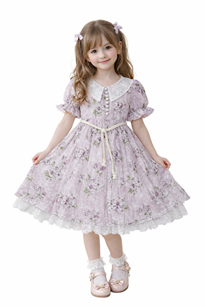 İrem Çocuk Giyim Girl Child Lace Collar Detail Button Closure Floral Chiffon ...