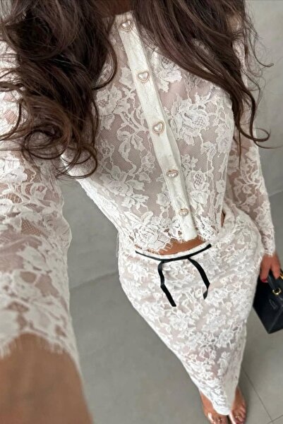 Pulli Collection Γυναικείο Λευκό Σετ Δαντέλα τεμαχίων με μακρυμάνικη μπλούζα ...